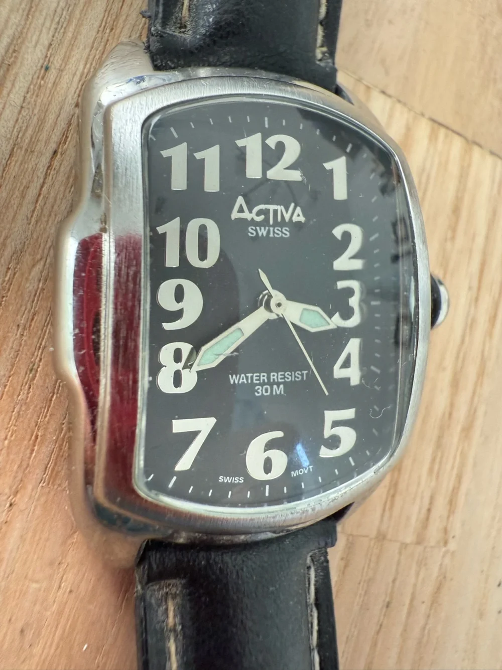 Activa Swiss ladies rectangular silver tone black leather watch NEW BATTERY